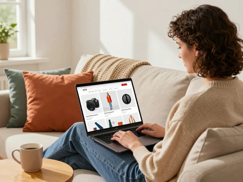 Stilvolle Shopperin, die ein bequemes Online-Erlebnis mit Sofort Lieferbar Produkten auf einer hellen, modernen Website genießt.