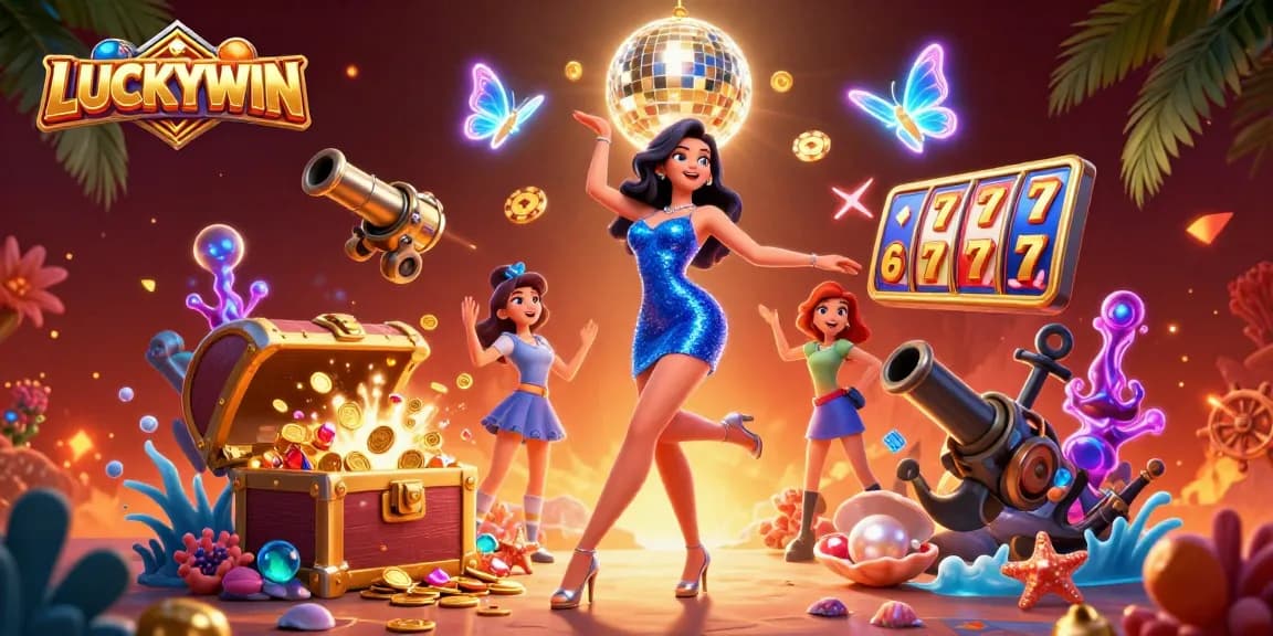Experience LUCKYWIN with dazzling slot reels, gold coins, and a vibrant casino scene.