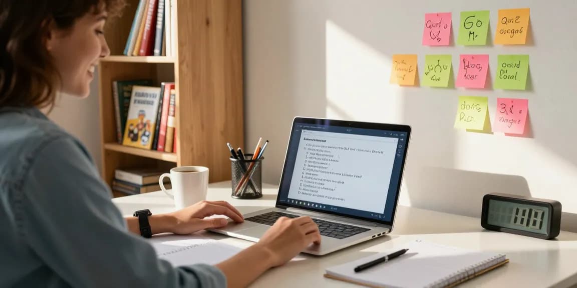Person enjoying a Quiz Allgemeinwissen session in a cozy home office, engaging with trivia questions.