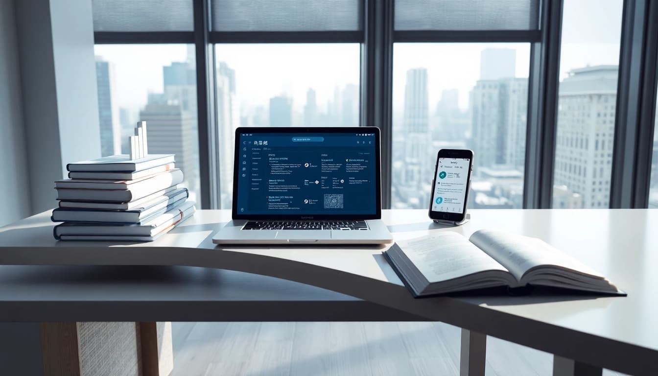 Modern study area featuring 有道 software on a sleek desk, promoting innovative learning.