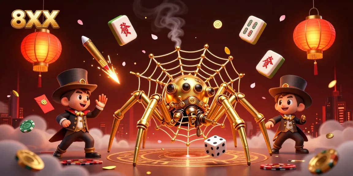 Immerse in the 8XX casino world with a steampunk spider catching dice amidst festive gaming elements.