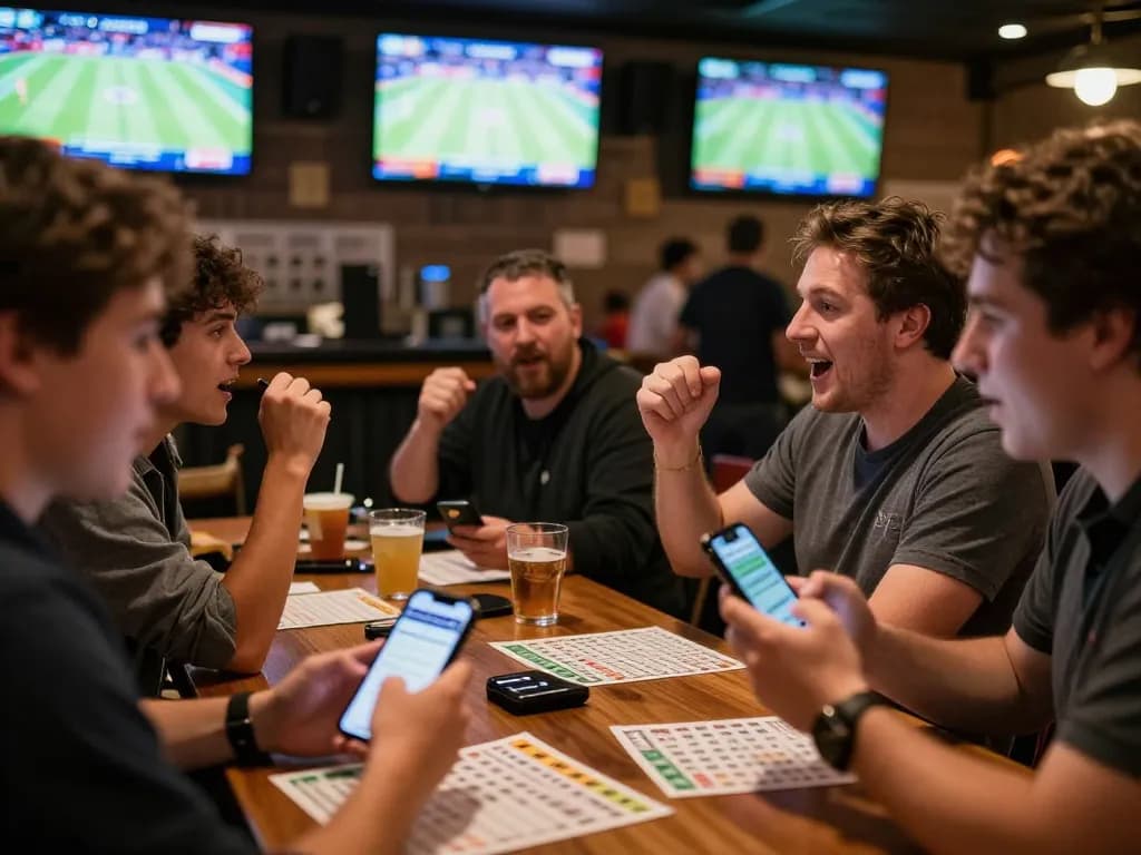 Patrons engaging in sports betting at VIN88 sports bar, cheering and using their phones to place bets.
