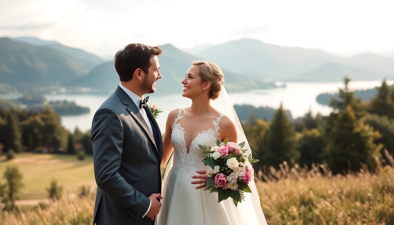 Hochzeitsfotograf Tegernsee fängt ein glückliches Brautpaar am Tegernsee ein.