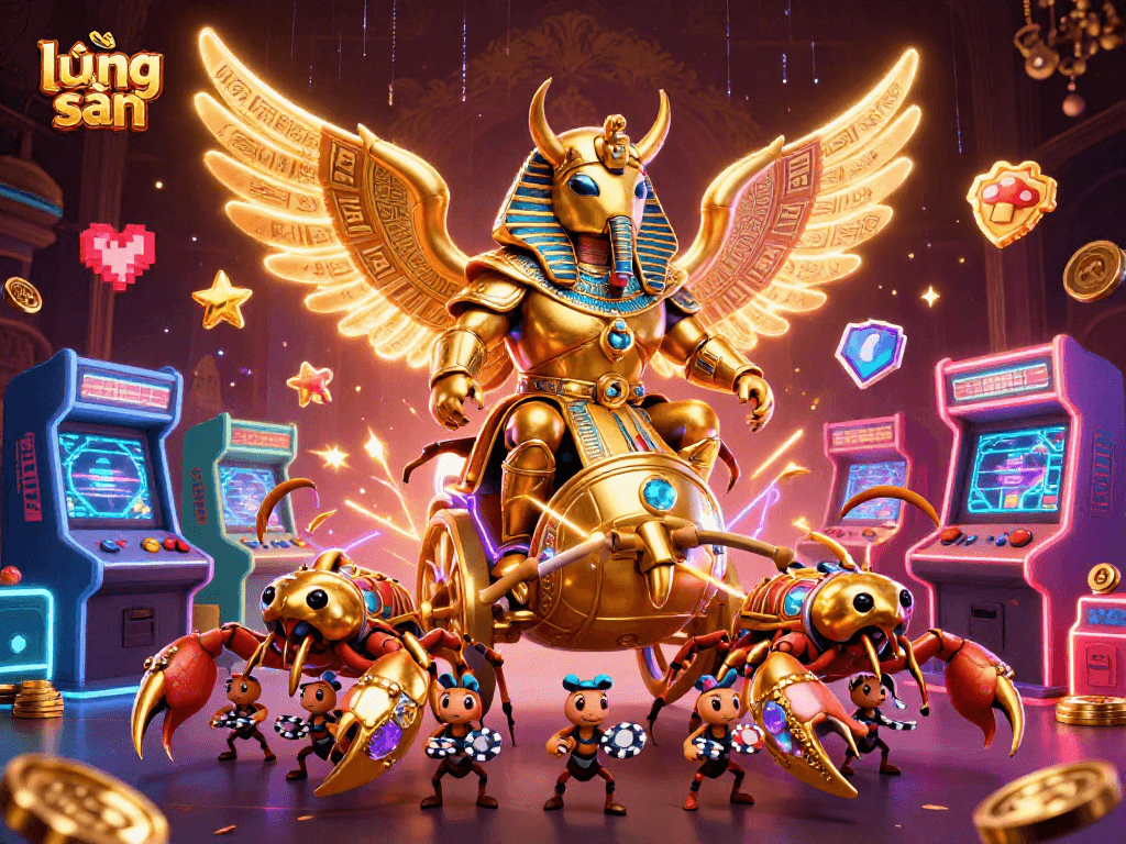Experience thrilling gameplay with lương sơn's colossal golden scarab beetle in a vibrant casino scene.