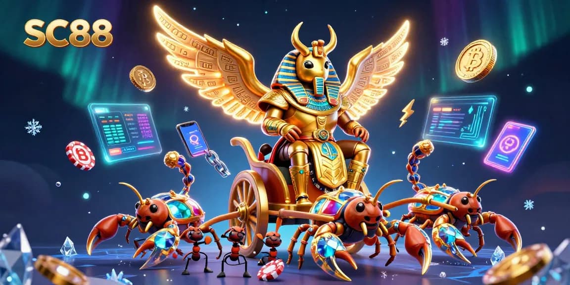 SC88 showcases a golden scarab beetle chariot battle in a vibrant 3D casino scene.