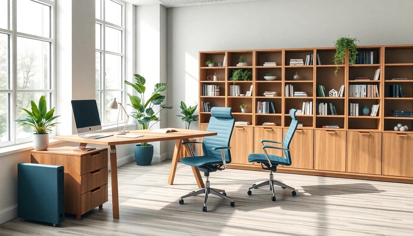 Modernes Büro mit stilvollen Büromöbeln: Ergonomischer Schreibtisch und entspannender Bürostuhl.