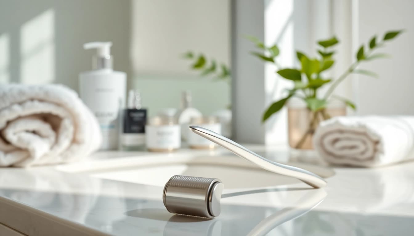 Der dermaroller auf einem eleganten Make-up-Tisch verdeutlicht die feinen Nadeln und das ergonomische Design.