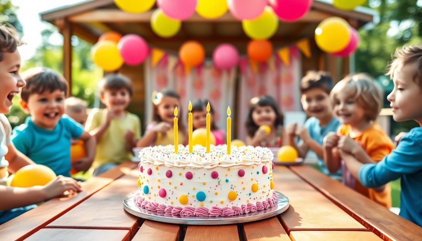 Kindergeburtstag 4 Jahre: Kinder feiern und spielen an einem bunten Geburtstagsfest.