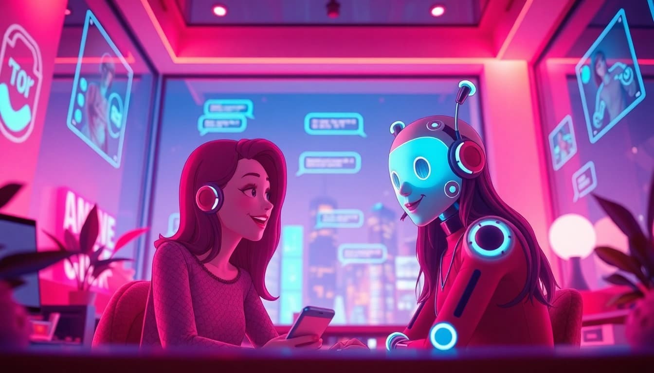 Interactive chat scene with a friendly AI character focused on free sex ai in a cozy, warm-toned setting.