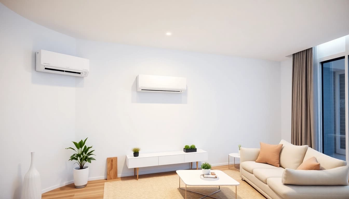 Erfahren Sie die Klima kosten für eine moderne Split-Klimaanlage im Wohnzimmer mit warmem Licht.