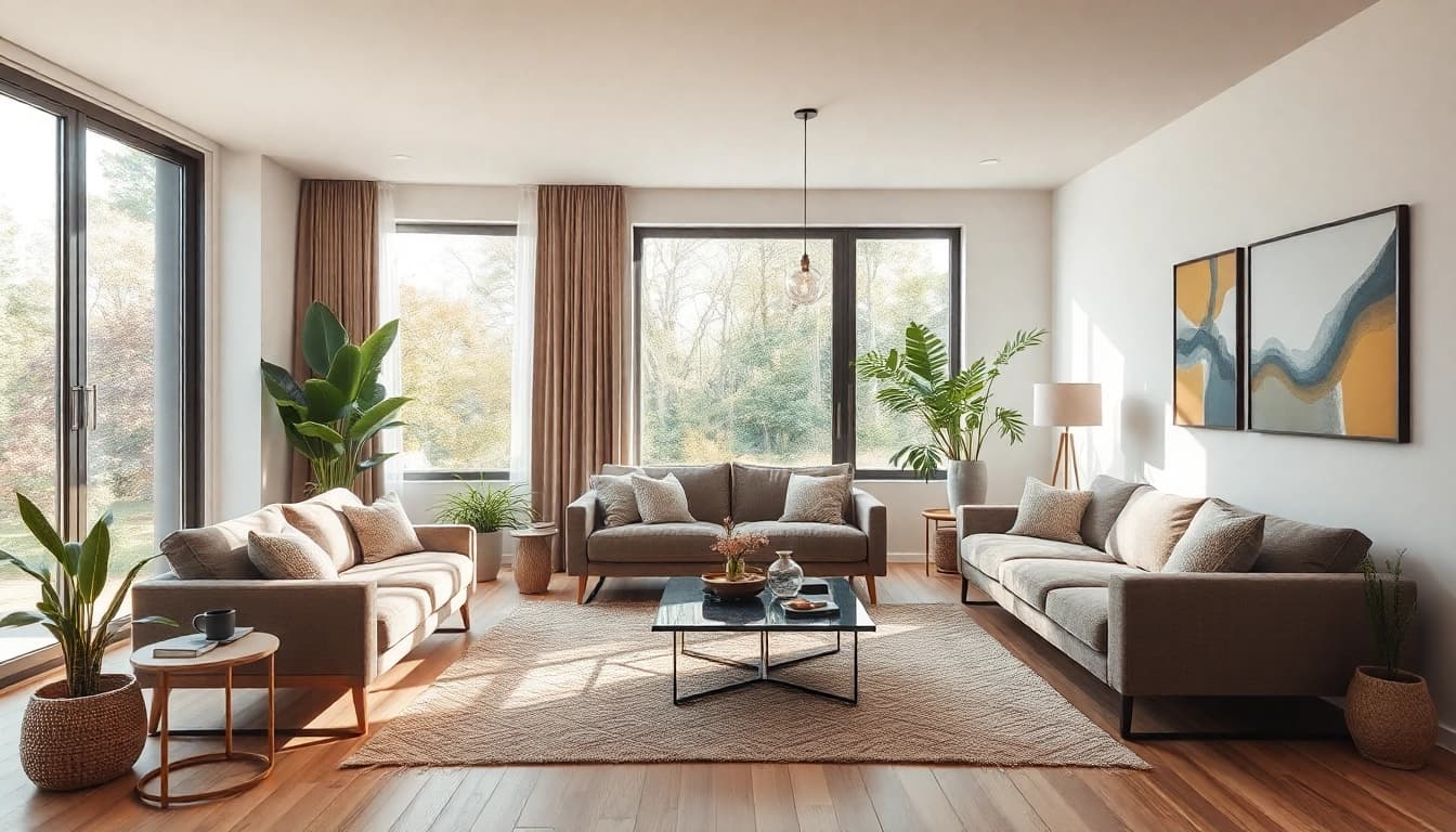 Moderne Raumgestaltung in einem einladenden Wohnzimmer mit harmonischen Farben und stilvollen Möbeln.