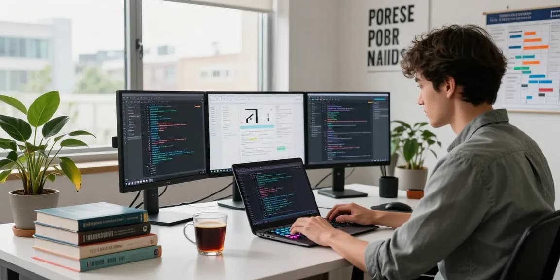 Softwareentwickler, der an mehreren Bildschirmen codiert, Eigene Webanwendung erstellen lassen in einem modernen Arbeitsplatz, Kaffee und Designtools vorhanden.