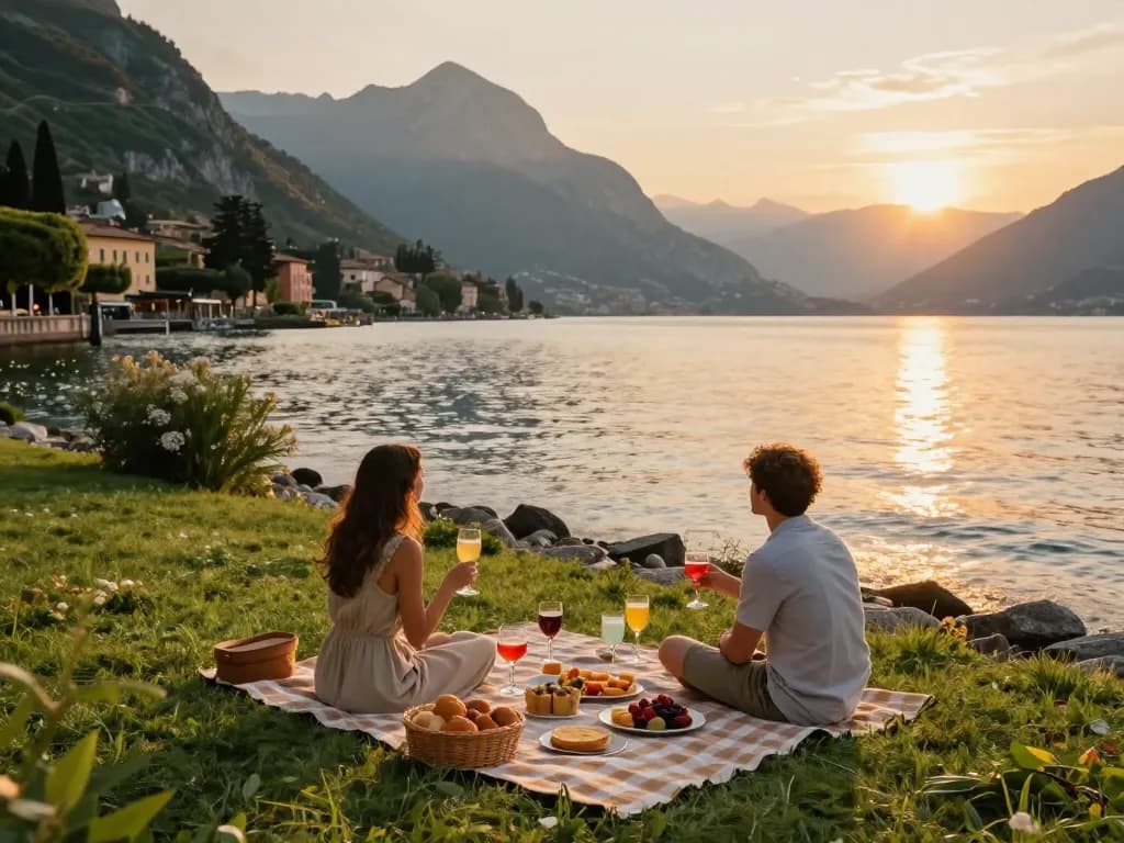 Paar genießt ein Picknick bei Sonnenuntergang während des Urlaubs am Gardasee mit Getränken und lokalen Gerichten am Ufer.