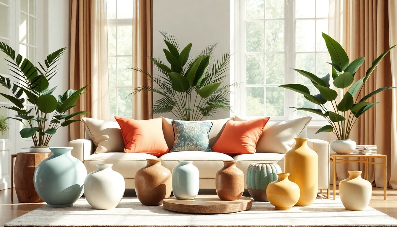 Immerse in the selection of Furniture Accessories Supplier, with stylish decorative pillows and vases enhancing a modern living room.