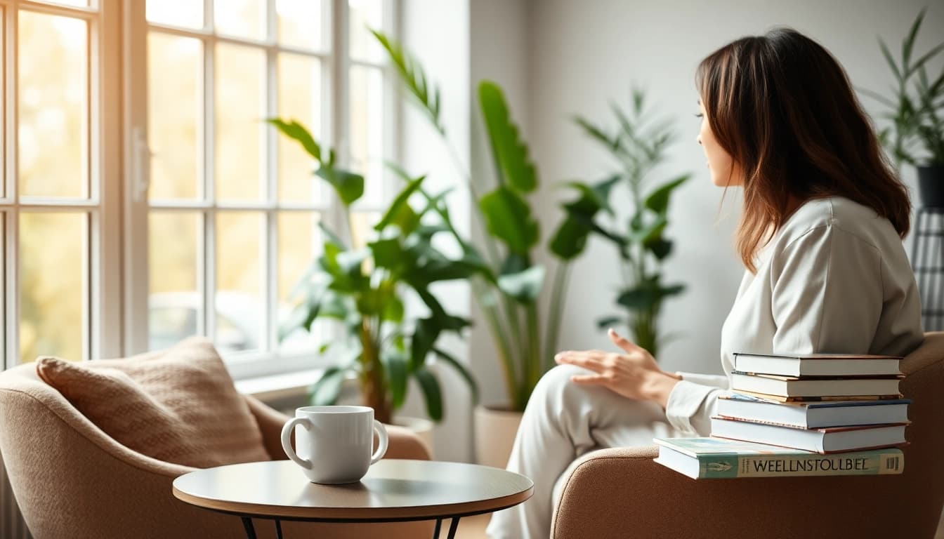 Enhancing emotional wellbeing in a serene therapy setting with natural light and inviting decor.