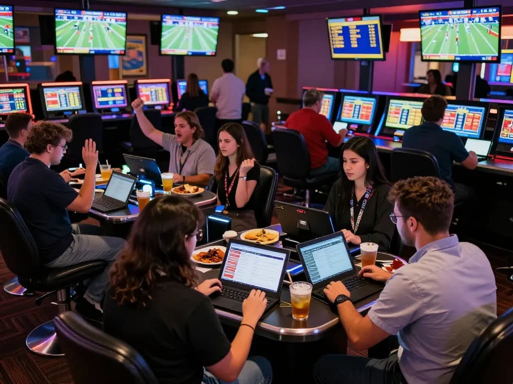 KJC bettors celebrate wins while engaging in strategic sports betting amidst a vibrant casino.