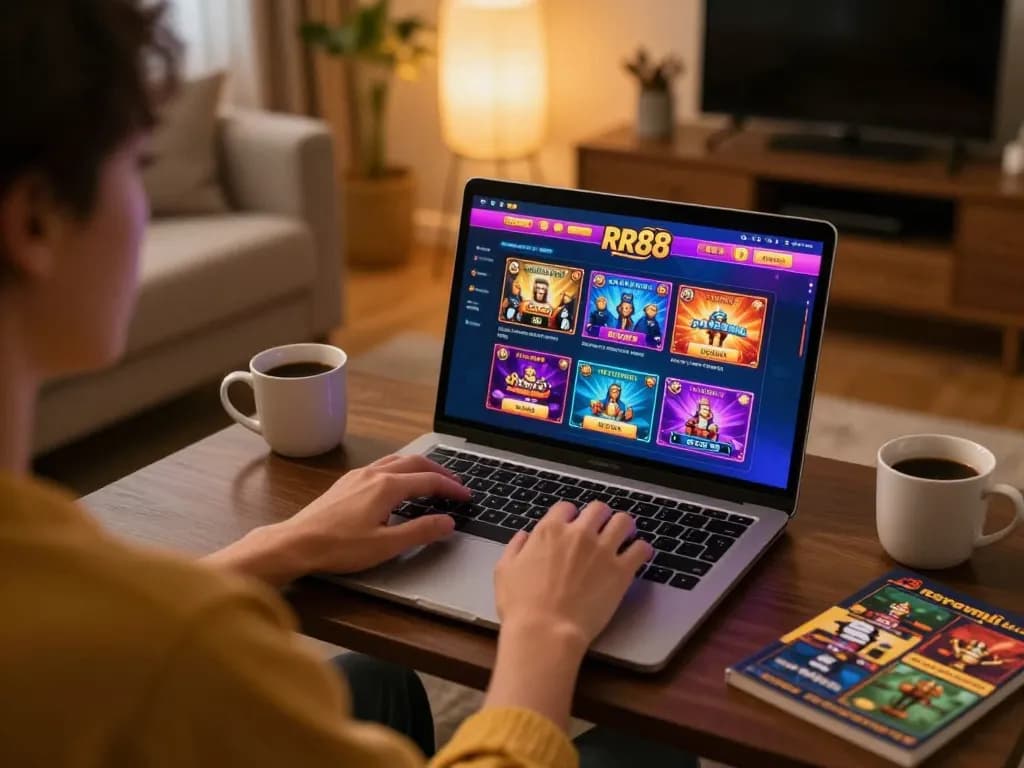 Player engaging with RR88 online casino platform on laptop, showcasing diverse games in a cozy atmosphere.
