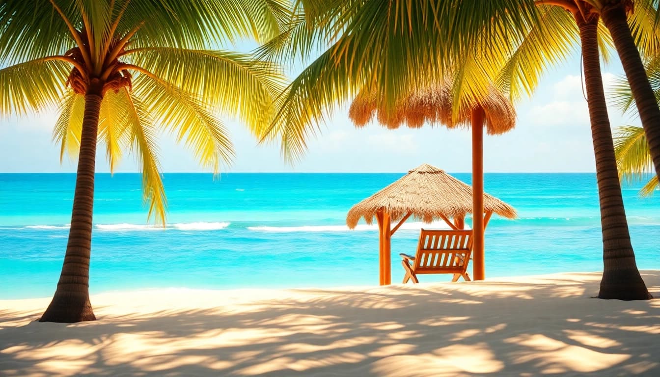 Relaxing coastal cabana by the beach with palm trees and ocean view.