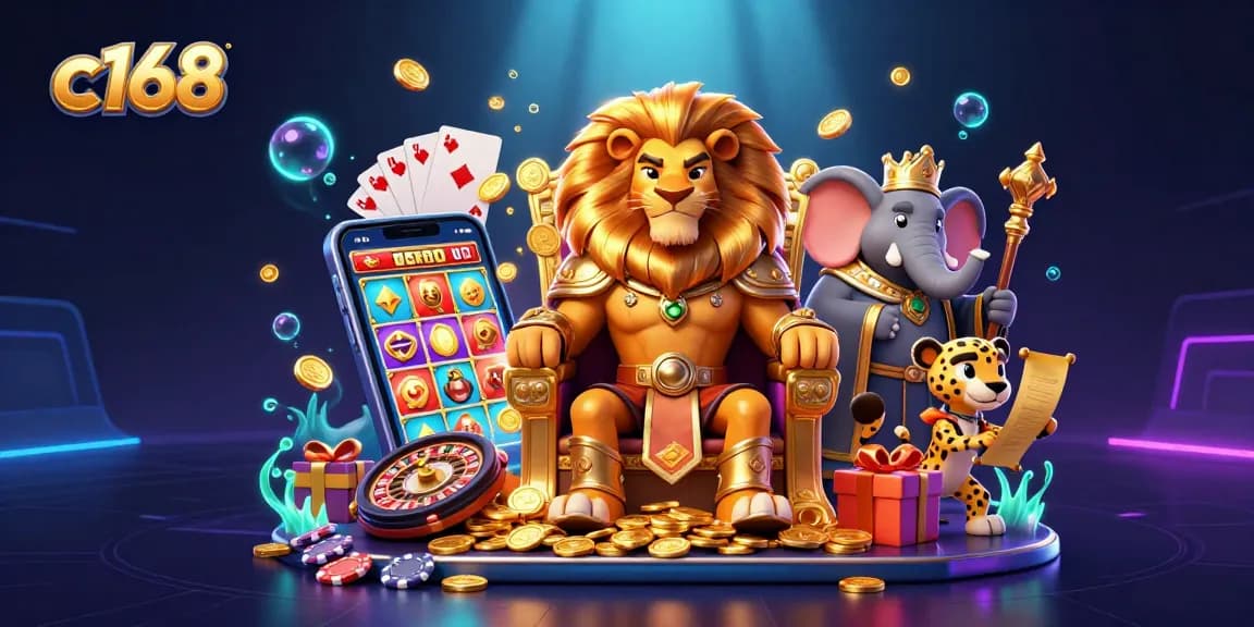 Experience thrilling gaming action with c168's lively casino illustration featuring royal characters and vibrant slot elements.