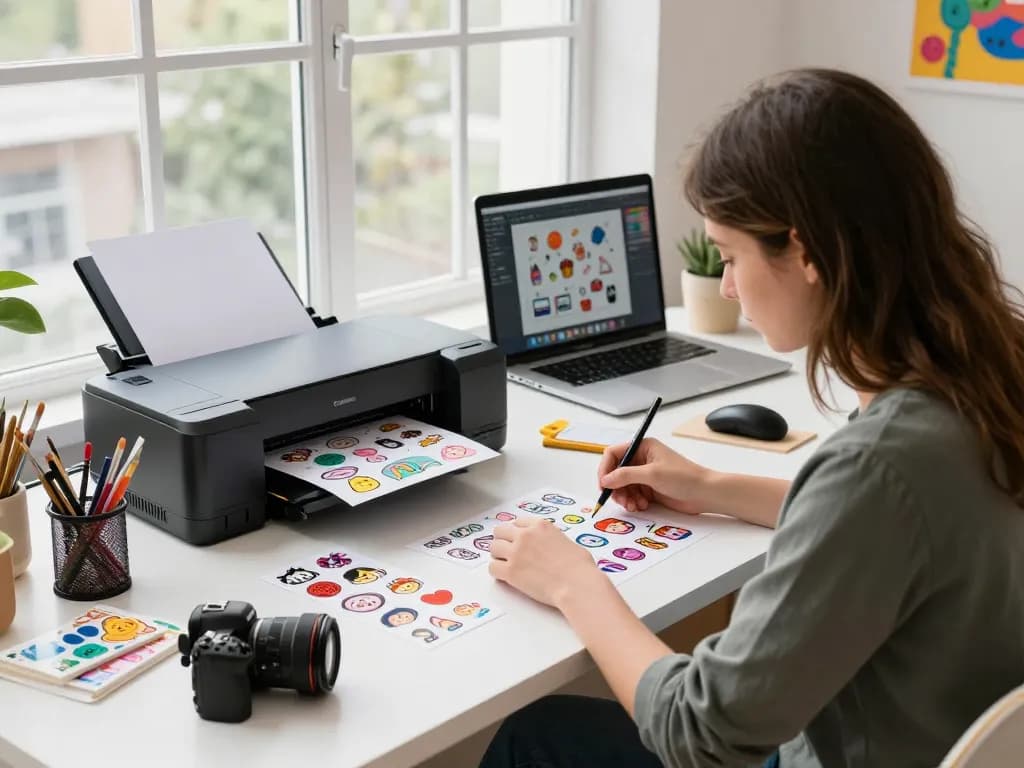 Creating unique sticker drucken designs in a colorful workspace with various materials.
