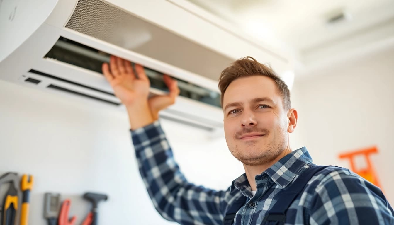 Professioneller Techniker beim Klima installieren und Montage der Klimaanlage in einem hellen Raum