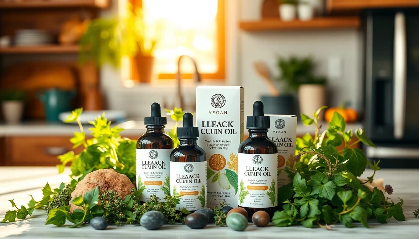 Vegane Nahrungsergänzungsmittel in einem stilvollen Arrangement mit frischen Kräutern für einen gesunden Lebensstil.