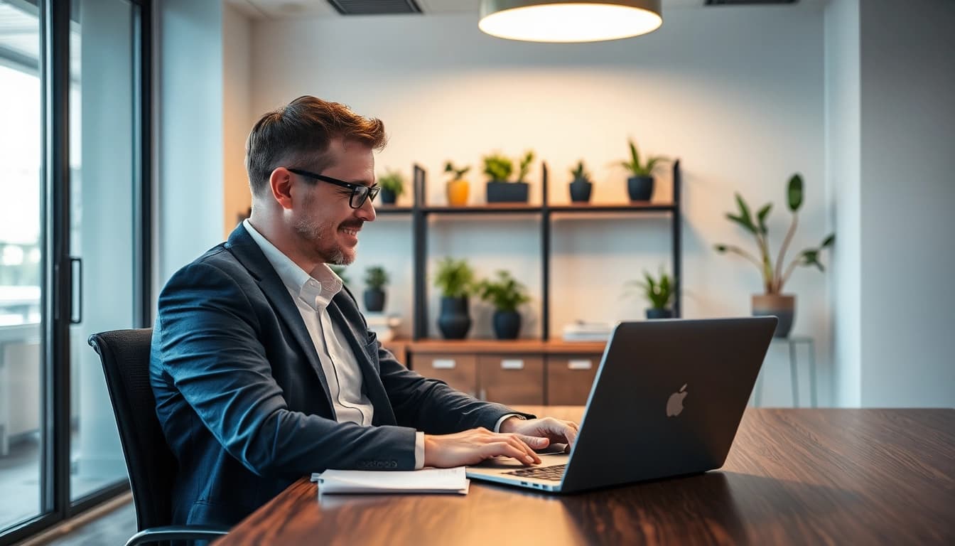 Professioneller Headhunter Karlsruhe at work in a modern office setting, engaging with clients and technology.