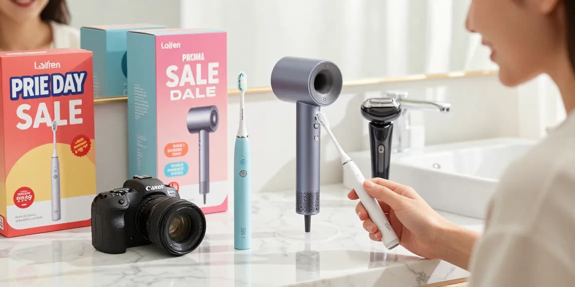 Entdecken Sie Laifen de Produkte im Prime Day Sale: elektrische Zahnbürste, Haartrockner und Elektrorasierer in stilvollem Badezimmer.