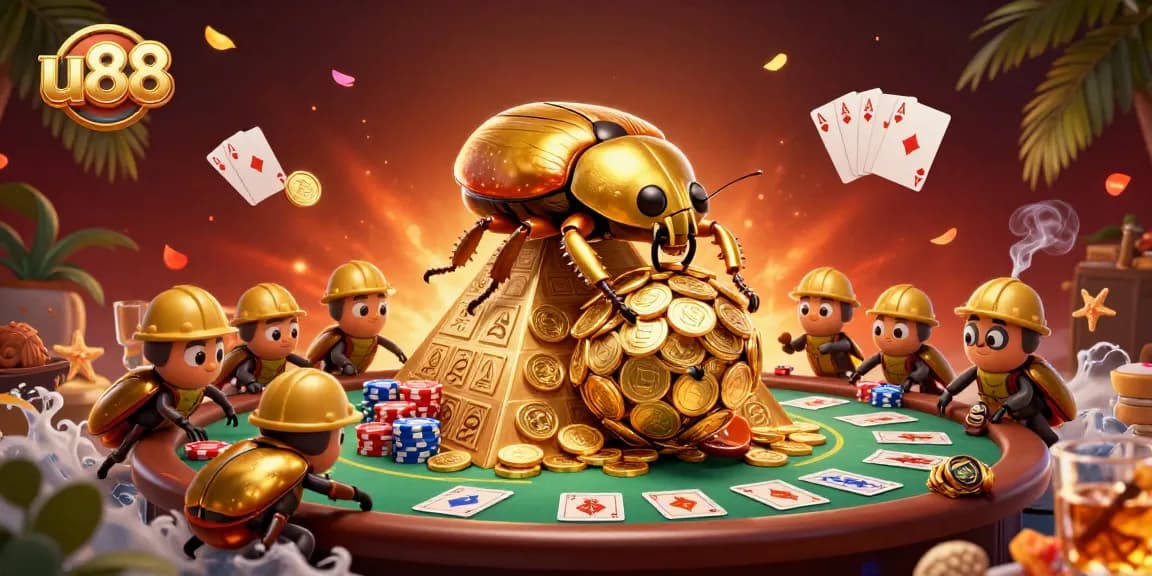 Engage with u88's thrilling gameplay; massive golden dung beetle and poker elements create excitement.