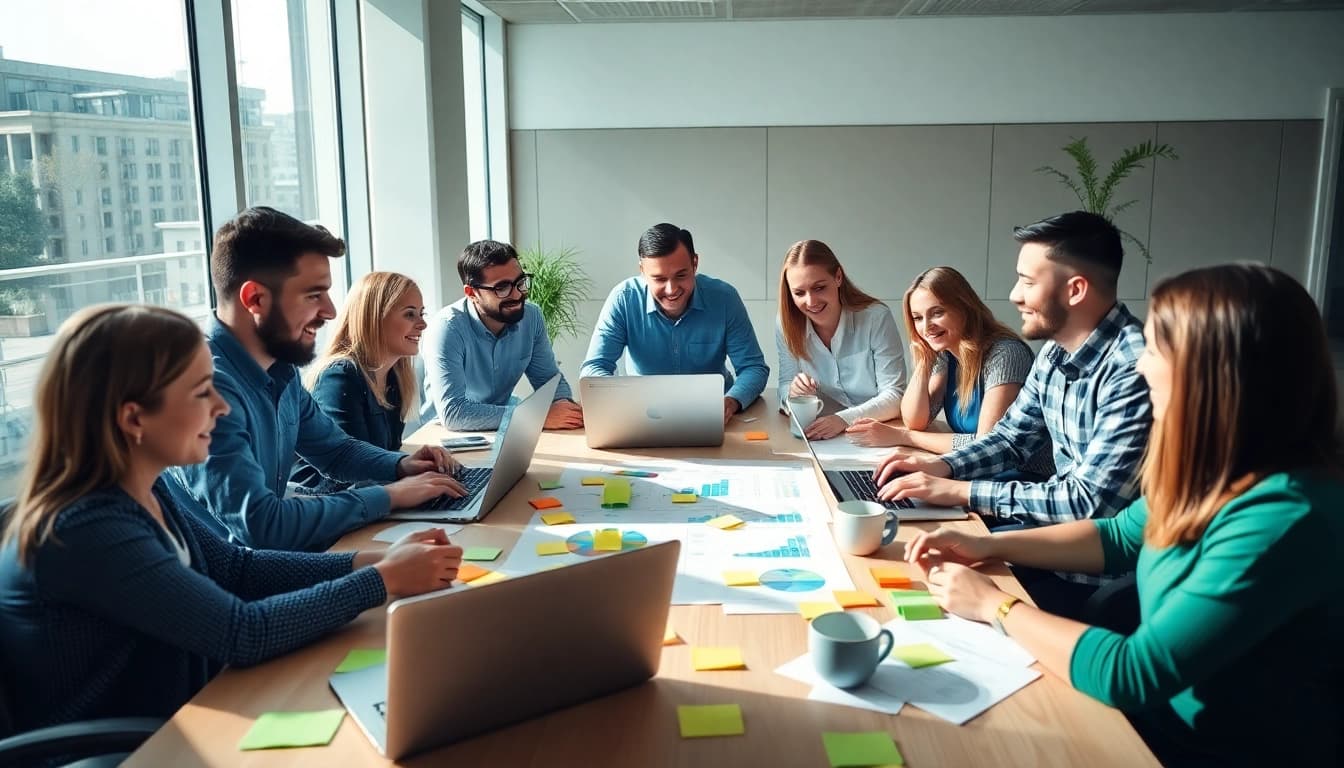 Online Marketing Strategien im kreativen Teammeeting mit Laptops und Charts.