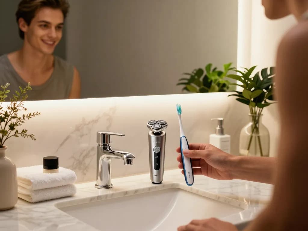 Verwendung des elektrischen Rasierers von Laifen Europa für eine stilvolle Grooming-Routine in einem modernen Badezimmer.