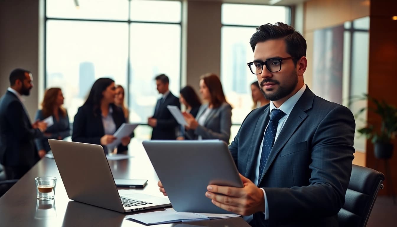 Headhunter Schweiz in einem modernen Büro umgeben von professionellen Geschäftsleuten.