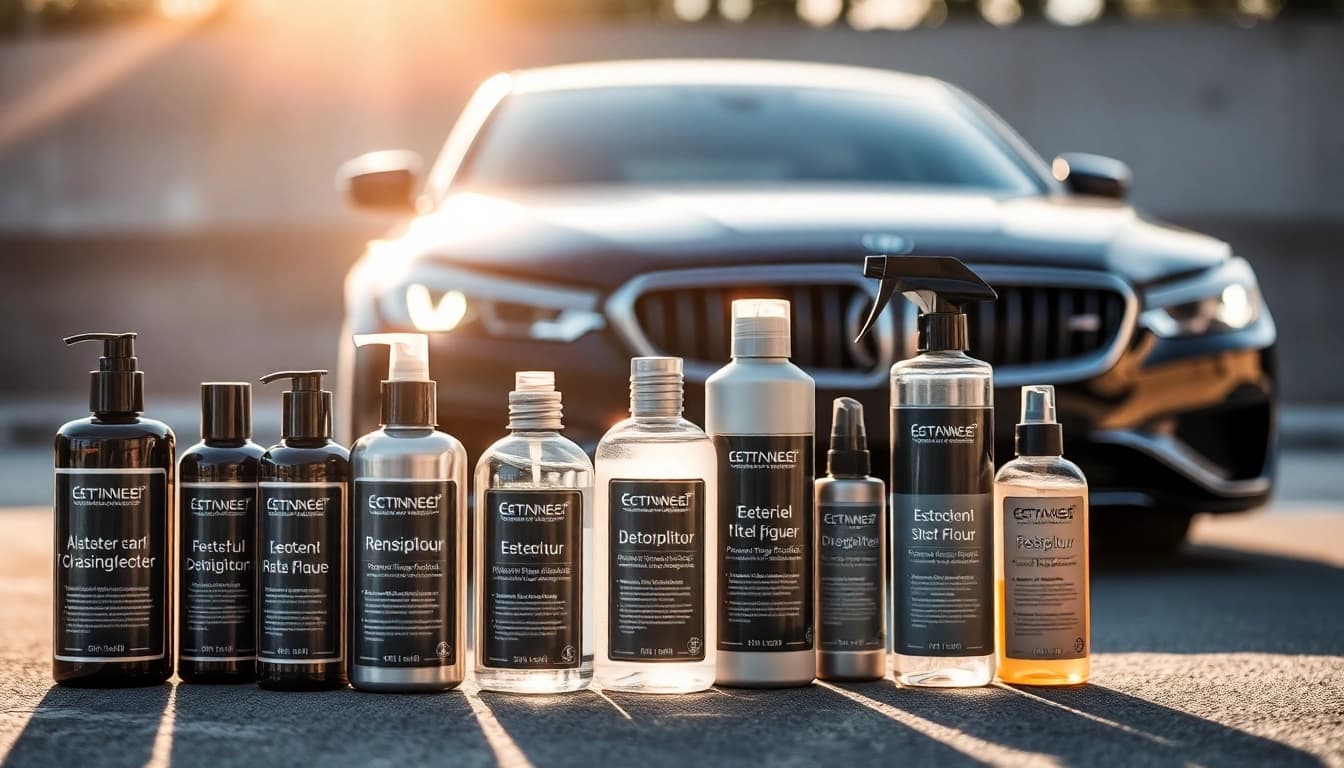 Glänzende Detailing Produkte für die Fahrzeugpflege in ansprechender Präsentation.