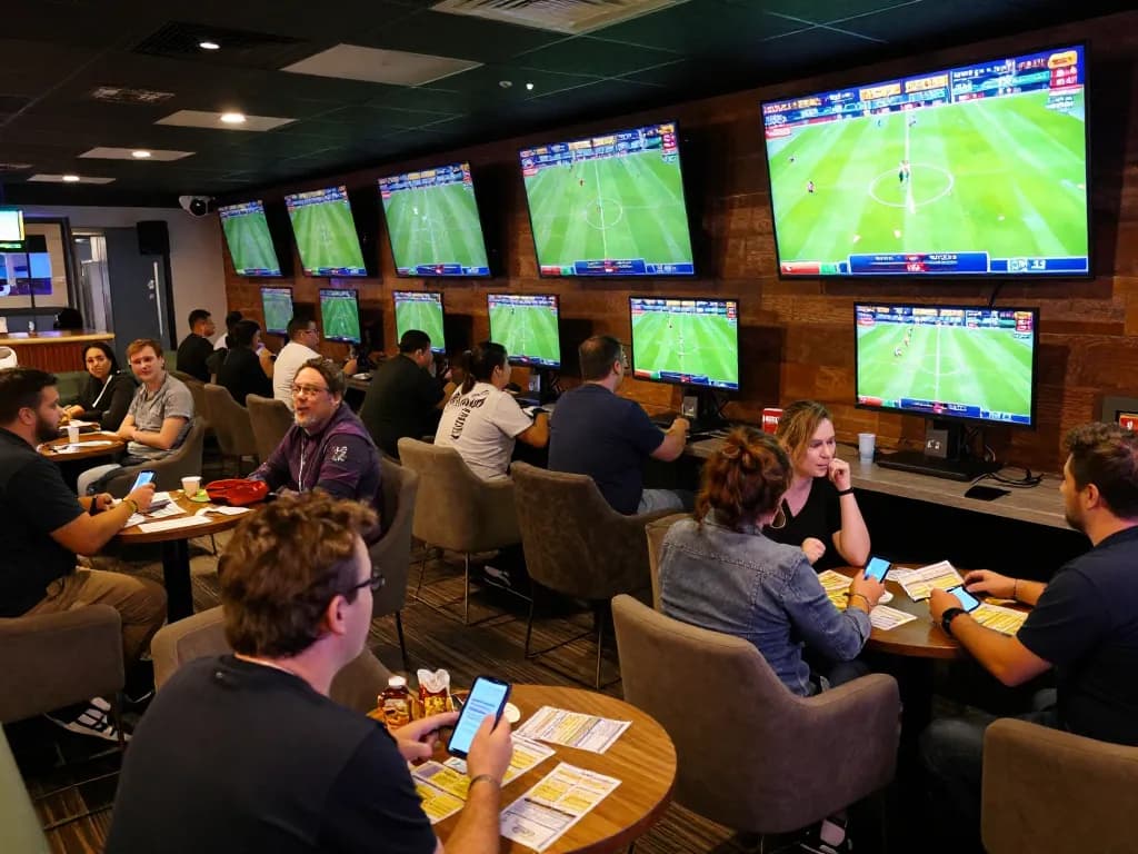 Experience the excitement of betting on บ้านผลบอล7m with friends in a dynamic sports lounge atmosphere