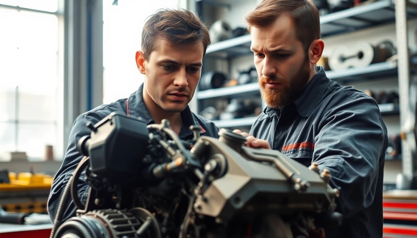 Motorschaden Ankauf: Mechaniker prüft beschädigten Motor in einer Werkstatt, zeigt Fachwissen und Detailgenauigkeit.