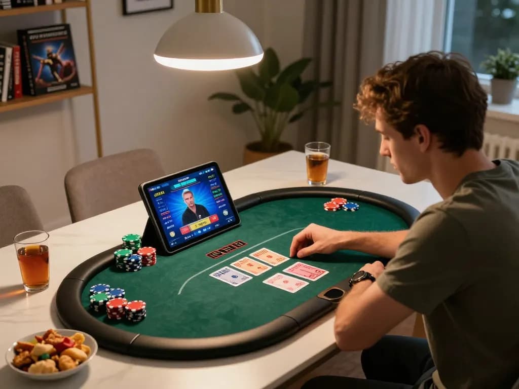 Player engaging in online poker with RR88 on tablet amidst strategic snacks and cozy ambiance.