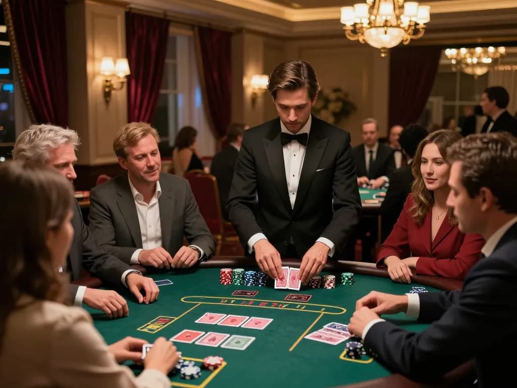 Immobilienmakler Frankfurt Sachsenhausen engagiert sich in strategischem Blackjack-Spiel inmitten eines luxuriösen Casino-Ambientes.