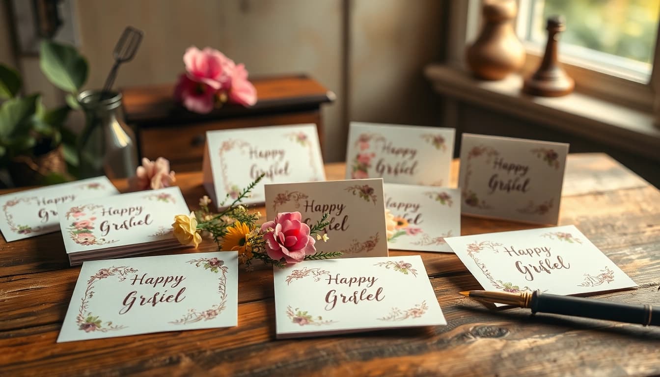 Gestalte schöne Grusskarten, liebevoll arrangiert mit floralen Designs und warmem Licht.