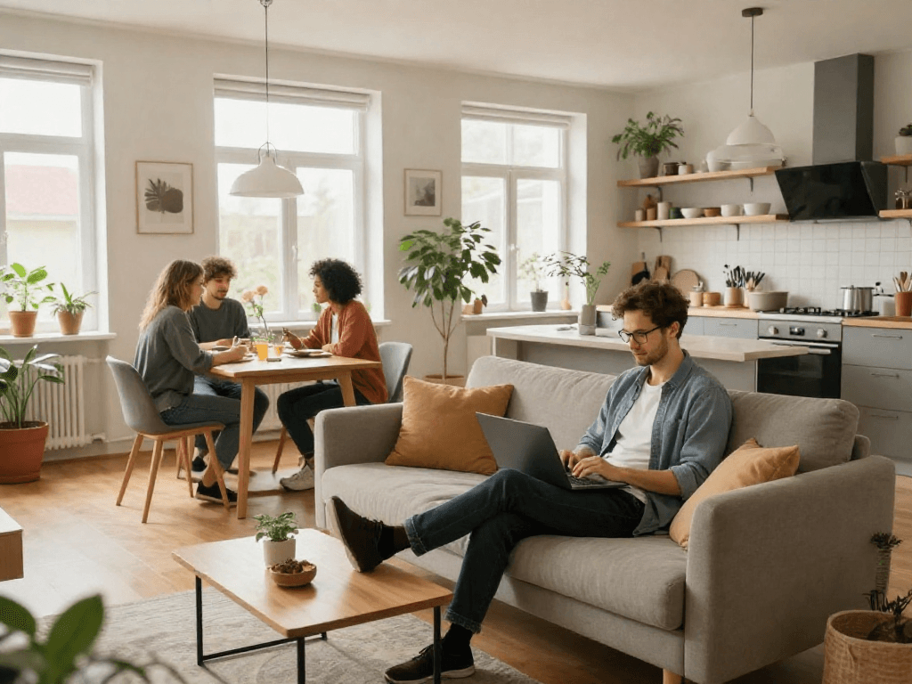 Moderne Monteurwohnung in Hannover mit gemütlichem Wohnzimmer und voll ausgestatteter Küche, ideal für Geschäftsreisende.