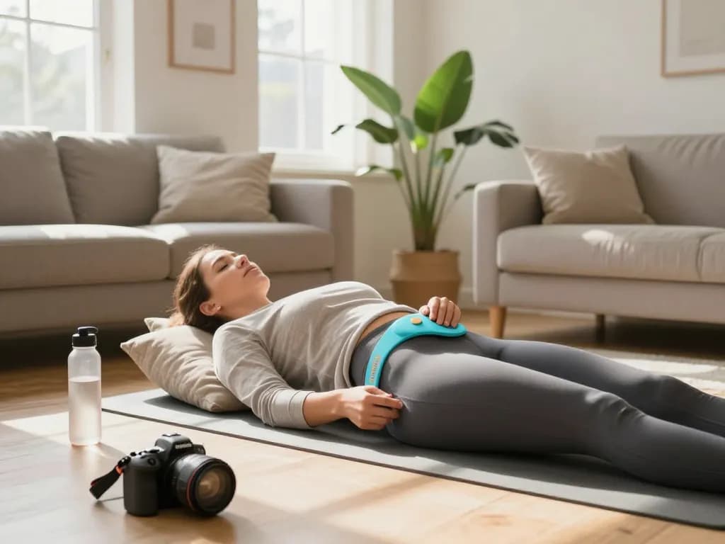 Individual using Pelvi-care.de pelvic floor muscle trainer in a calm home setting.
