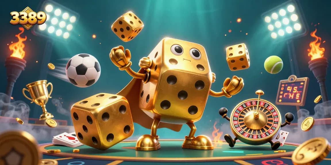 Engage in thrilling sports betting with 3389 featuring dynamic sports elements and golden dice characters.