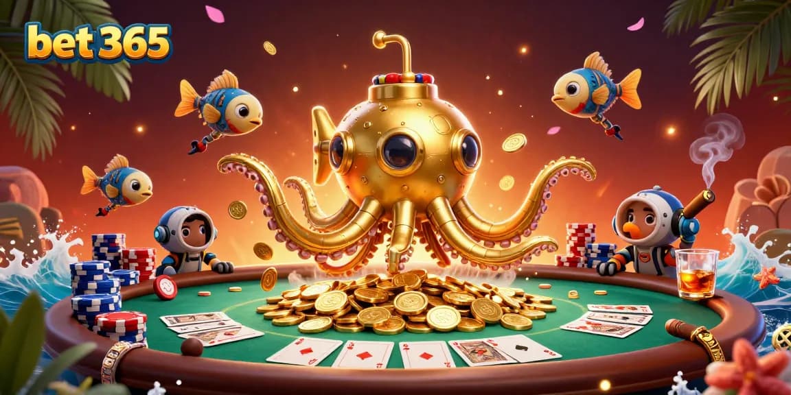 Engage in thrilling gameplay with bet 365 as the golden kraken emerges from a sea of coins, showcasing casino elements.