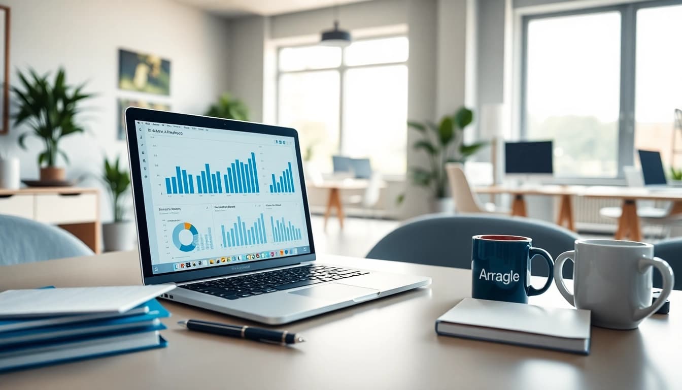 Keyword analyse in a modern office setup with analytical charts and a laptop.