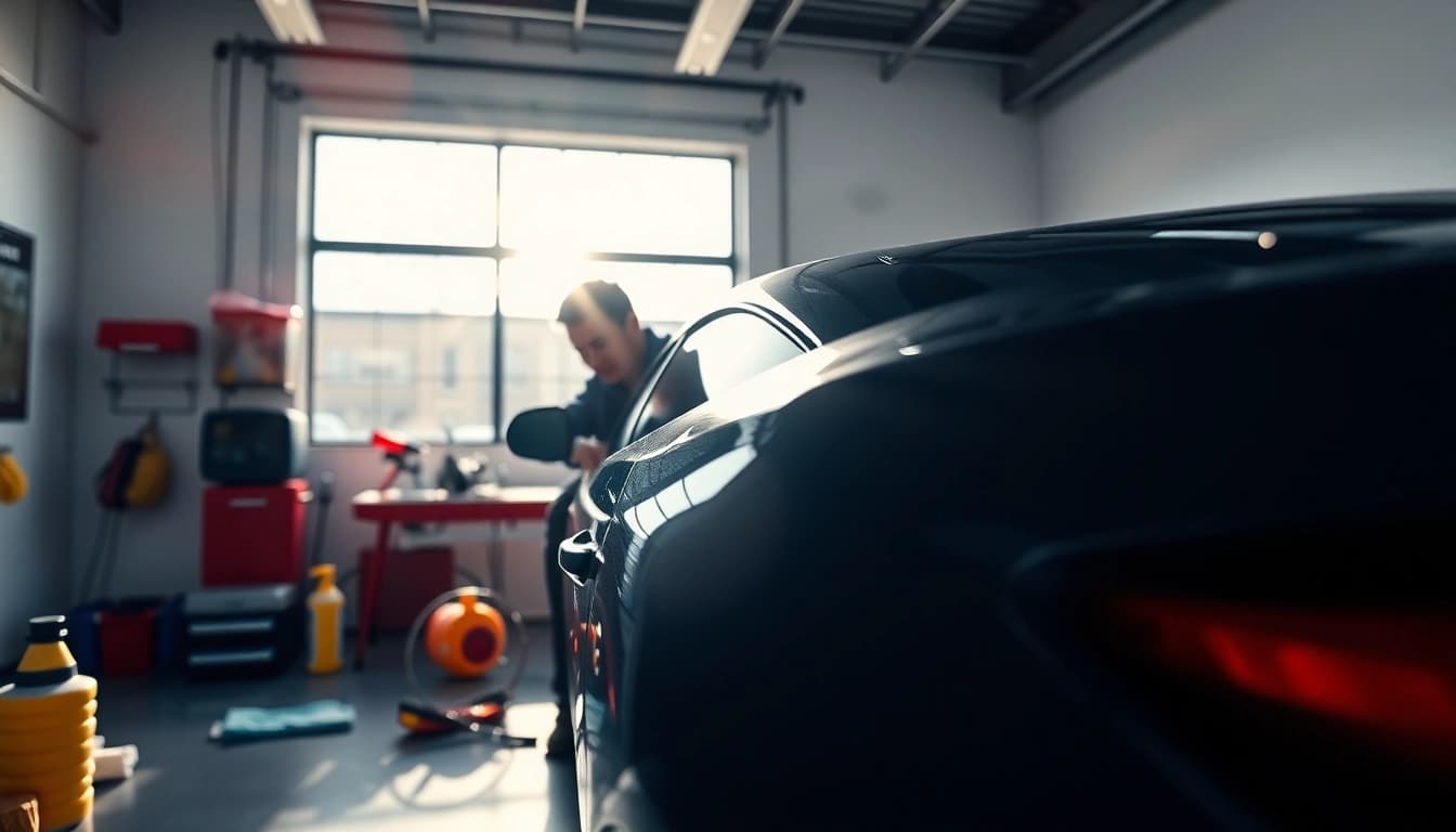 Fahrzeugaufbereiter reinigt professionell ein Auto in hellen Garagenumgebung.