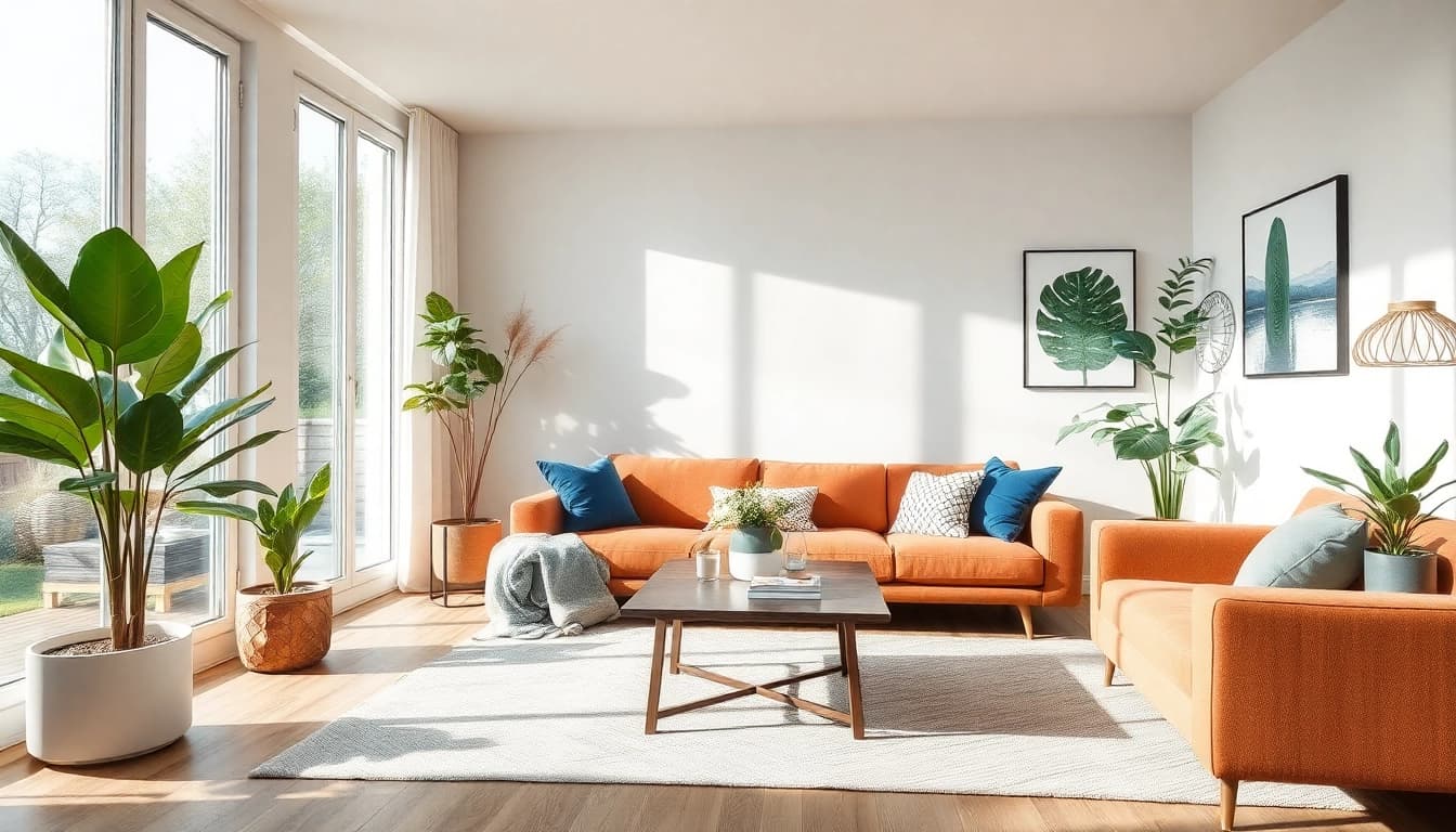 Moderne Wohnzimmerraumgestaltung mit natürlichen Farben und harmonischem Licht.