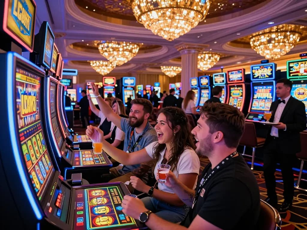 Excited players winning on the Lucky 88 slot machine, lively casino atmosphere.
