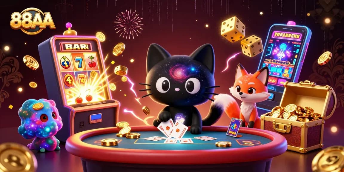 Experience the thrilling world of 88AA with a cosmic casino cat and vibrant game elements.