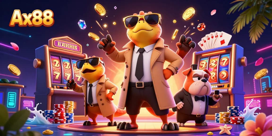 Ax88 engages players with raptors entering a VIP lounge amidst lively casino elements.