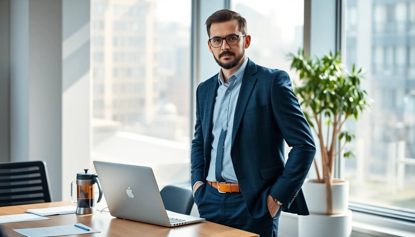 Headhunter Köln präsentiert sich in modernem Büro mit Laptop und Notizen.