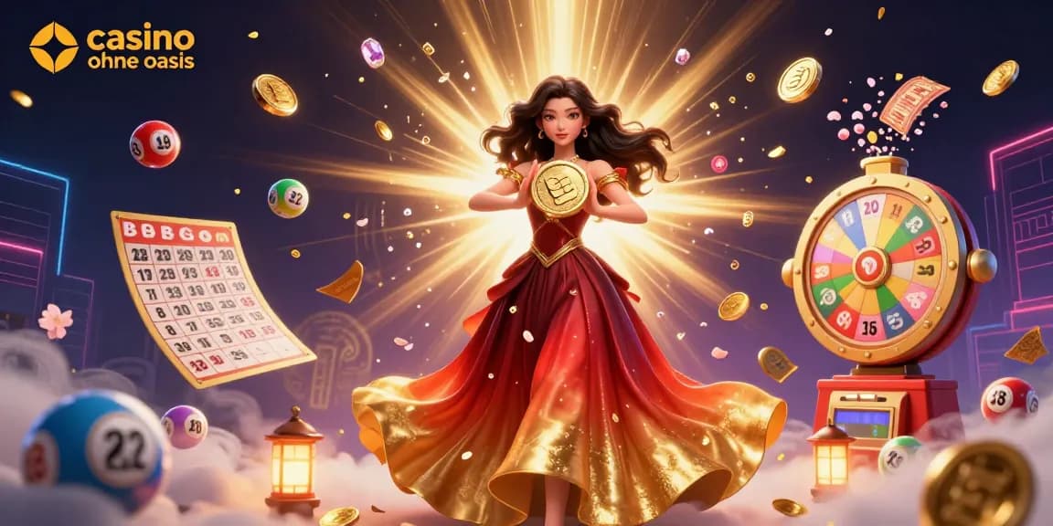 Experience the thrill at a casino ohne oasis, surrounded by coins and golden elements in this vibrant gaming scene.